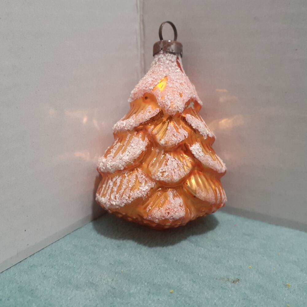 Vintage Glass Christmas Ornament Orange Tone Tree White Mica East Germany